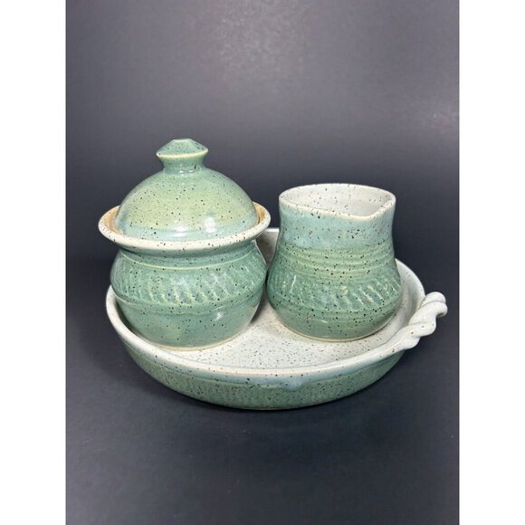 Studio Other - Signed Studio Art Pottery Cream And Sugar On Serving Tray Green Speckled Glaze